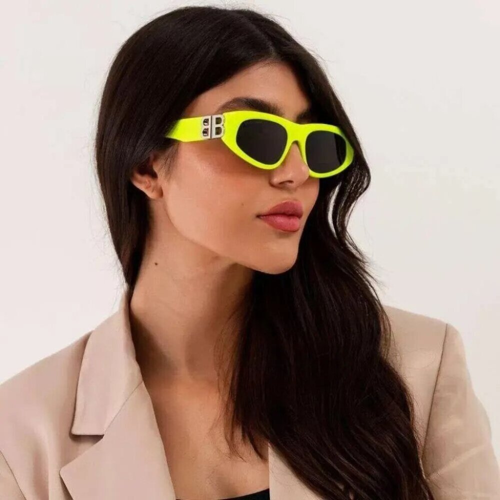 Balenciaga Sunglasses Yellow Gray BB Temples Oval Cat Eye BB0095S 53-19-135 XL